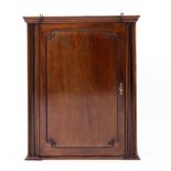 A 19TH CENTURY MAHOGANY WALL CABINET with breakfront cornice, shaped panel door, standing on a