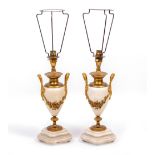 A PAIR OF ORMOLU MOUNTED WHITE MARBLE LAMPS of urn form, 38cm high (2)