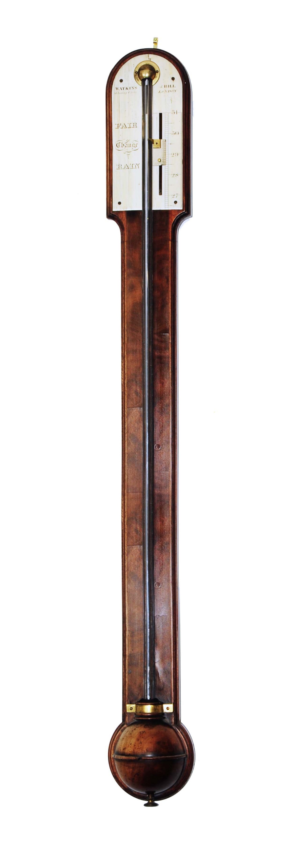 A MAHOGANY STICK BAROMETER the arched silvered Vernier scale signed 'Watkins & Hill, 5 Charing