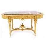 A 19TH CENTURY GILTWOOD CENTRE TABLE with a green marble top, single drawer, fluted tapering legs