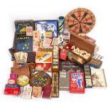 A QUANTITY OF PLAYING CARDS, cribbage boards, chess set, marbles, table top games, a parquetry