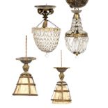 THREE GILT METAL AND CUT GLASS DROP LIGHT FITTINGS and two further light fittings