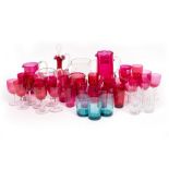 A QUANTITY OF CRANBERRY COLOURED GLASSWARE, Royal Brierley water tumblers, cut glass water jugs