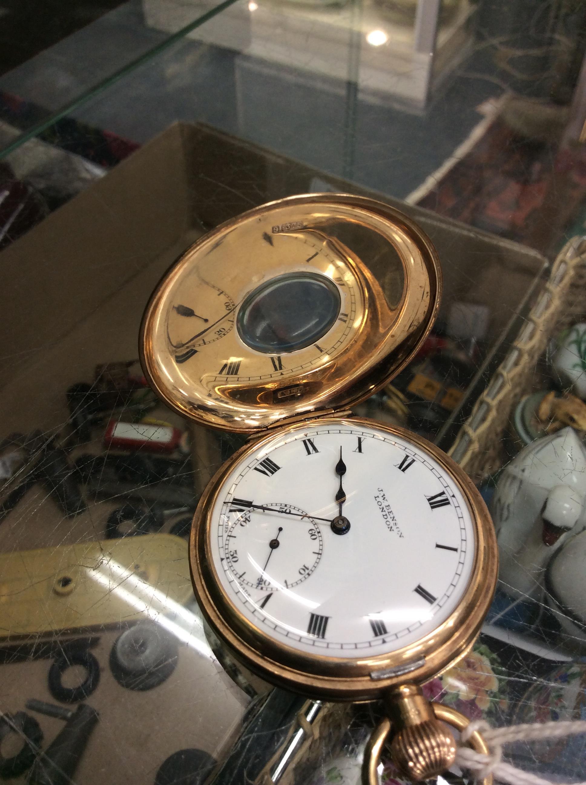 A 9 CARAT YELLOW GOLD BENSON HALF HUNTER POCKET WATCH with white enamel dial and subsidiary dial - Image 2 of 7
