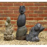 TWO CONTEMPORARY CARVED SCULPTURES DEPICTING ABSTRACT FIGURES and one other composite stone model of