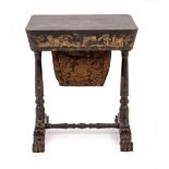 A 19TH CENTURY CHINESE EXPORT BLACK LACQUERED WORK TABLE with gilded decoration 63cm wide x 43cm