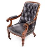 A WILLIAM IV ROSEWOOD BLACK LEATHER UPHOLSTERED LIBRARY ARMCHAIR with scrolling arms, turned front