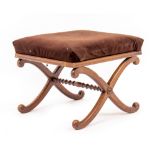 A VICTORIAN ROSEWOOD X FRAMED STOOL with an overstuffed upholstered seat, 55cm wide x 48cm deep x