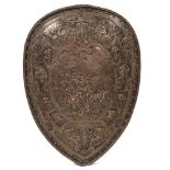 A 19TH CENTURY ELECTRO PLATE SHIELD with embossed decoration in the manner of Pierre Reddon, the