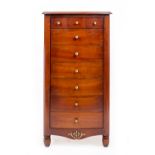 A LATE 20TH / EARLY 21ST CENTURY HARDWOOD BOW FRONTED TALL NARROW CHEST OF NINE DRAWERS with painted