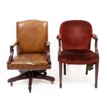 A BROWN LEATHER UPHOLSTERED ROTATING DESK CHAIR 64cm wide together with a further armchair (2)