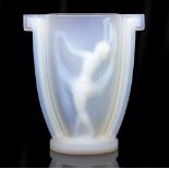 AN ETLING FRANCE OPALESCENT GLASS VASE numbered 155, decorated with dancing ladies, 24.5cm wide x