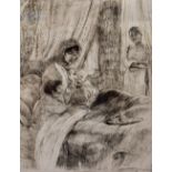 A BLACK AND WHITE ETCHING depicting a nursing mother, indistinctly signed, 31cm x 25cm