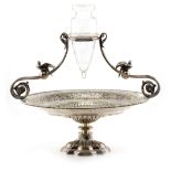 A SILVER PLATED EPERGNE in the form of a dish on stand, with scrolling bird decoration and etched