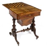 A VICTORIAN BURR WALNUT TUNBRIDGE WARE GAMES TABLE fitted with fold over top and frieze drawer