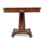 A 19TH CENTURY MAHOGANY CARD TABLE with brass box line and foliate inlay on a quadripartite base,
