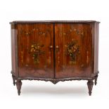 AN ANTIQUE PAINTED SATINWOOD SERPENTINE FRONTED CABINET standing on square tapering legs terminating