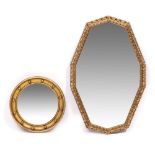 A VINTAGE FAN SHAPED BEVELLED EDGE WALL MIRROR, a Regency style circular mirror and one other gilt