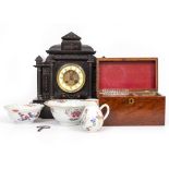 A 19TH CENTURY POSSIBLY GERMAN SLATE MANTLE CLOCK, a Victorian mahogany tea caddy with cut glass