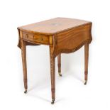 A 19TH CENTURY PAINTED SATINWOOD SERPENTINE PEMBROKE TABLE with a fitted frieze and a faux drawer,