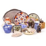 A SILVER PLATED TRAY, a Prattware plate, a pottery jug, Oriental jar and cover and further items