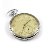 A ZENITH CHROME PLATED POCKET WATCH with subsidiary second hand and Arabic numerals, 47cm diameter