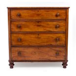 A VICTORIAN MAHOGANY CHEST OF FOUR LONG DRAWERS with turned knob handles and turned feet, 112cm wide