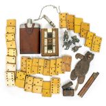 A TREEN MARQUETRY INLAID CRIBBAGE BOARD a set of wooden dominoes, Acme whistle, hip flask, metal