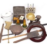 METALWARE AND KITCHENALIA to include an antique brass trivet, scales etc