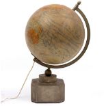 A FRANCOIS JOSEPH GLASS GLOBE with applied paper, standing on an octagonal Spelter base, 44cm high