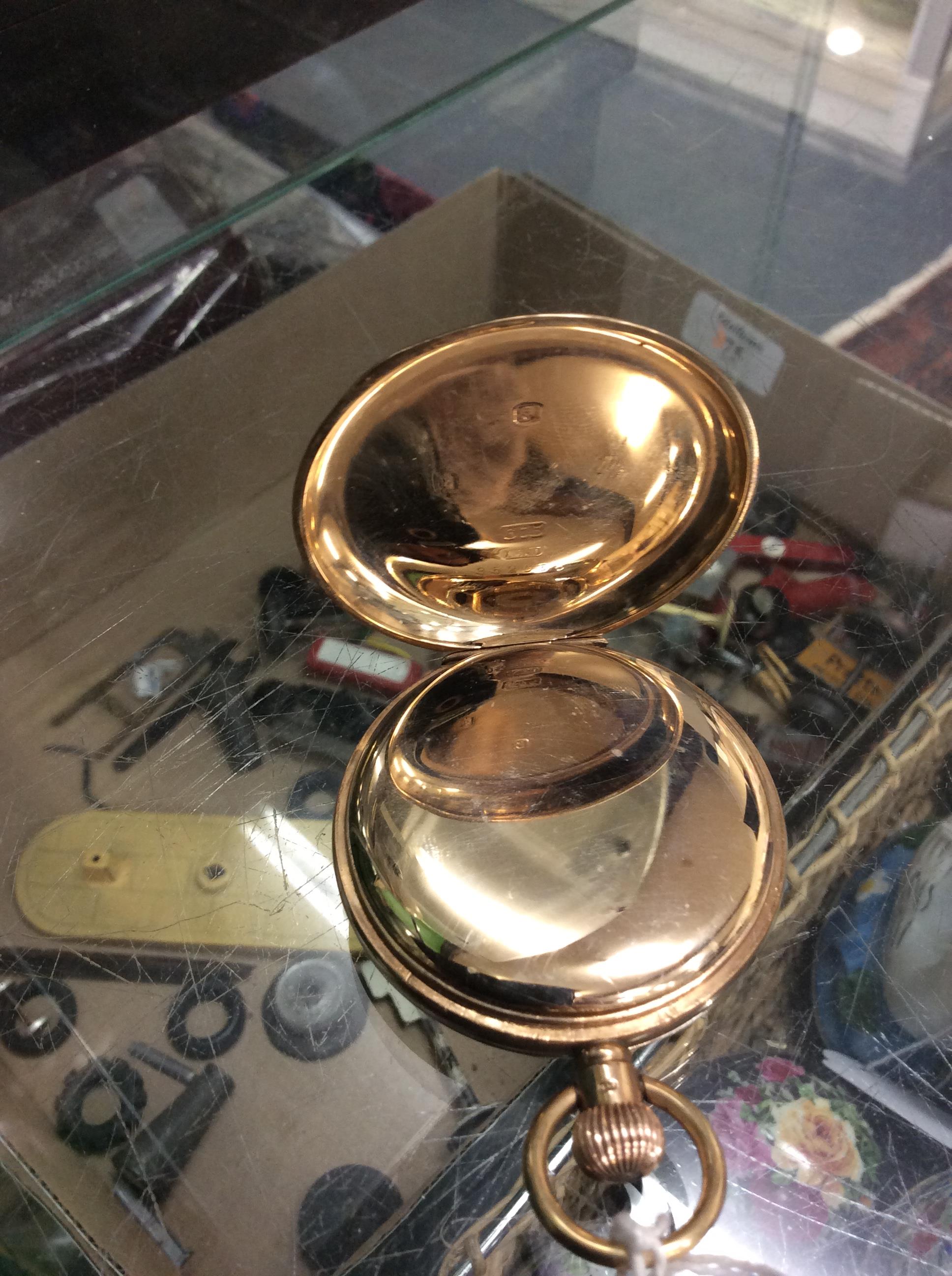 A 9 CARAT YELLOW GOLD BENSON HALF HUNTER POCKET WATCH with white enamel dial and subsidiary dial - Image 4 of 7