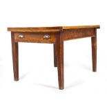 AN ANTIQUE PINE FARMHOUSE KITCHEN TABLE with a rectangular top, a large single frieze drawer and