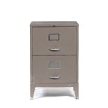 A TIN GREY PAINTED TWO DRAWER FILING CABINET together with a brass coal bucket, a laundry basket,