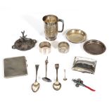 A COLLECTION OF SILVER AND WHITE METAL WARES to include two silver cigarette cases, one with