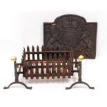 A 17TH CENTURY STYLE CAST IRON FIREBACK with shaped pediment top, an iron fire basket with picket
