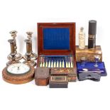 MISCELLANEOUS ITEMS to include four silver plated candlesticks, an aneroid barometer, marquetry