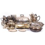 A COLLECTION OF SILVER PLATED AND EPNS WARES to include vegetable tureens, cutlery, teapot, a