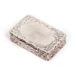 A VICTORIAN SILVER SNUFF BOX with engraved decoration and blank cartouche to the lid, with
