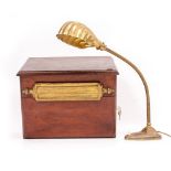 A BRASS ADJUSTABLE DESK LAMP 68cm long together with a mahogany post box with a brass letter door,