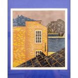 20TH CENTURY ENGLISH SCHOOL OIL PAINTED STENCIL of a house, unsigned, 35cm x 32cm