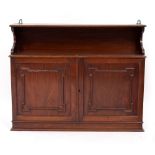 A VICTORIAN MAHOGANY WALL CUPBOARD with an open top above two shaped panel doors, on a plinth
