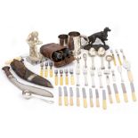 A QUANTITY OF SILVER PLATED AND EPNS CUTLERY a pair of binoculars, a bronzed resin model of a dog