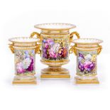 A NEAR SET OF THREE WORCESTER BARR, FLIGHT & BARR VASES of tapered form, decorated with