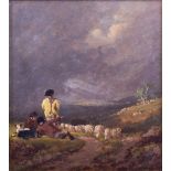 20TH CENTURY ENGLISH SCHOOL 'The Shepherd and his flock', oil on board, unsigned 16cm x 14cm