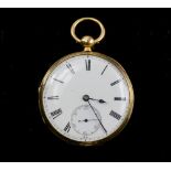 AN 18CT YELLOW GOLD CASED VINTAGE BENSON POCKET WATCH with a white enamel dial and black Roman