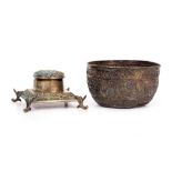 AN ANTIQUE BURMESE WHITE METAL BOWL decorated with flowers, indistinct mark beneath and an