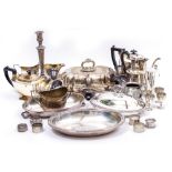 A SMALL COLLECTION OF SILVER PLATED AND EPNS WARES to include three branch candelabra and posy