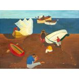 CHARLES ORLOFF 'Fishermen on their boats', oil on canvas, signed lower right dated 1959 43cm x 59cm