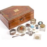 A VICTORIAN ROSEWOOD BOX and a selection of costume jewellery, white metal jewellery, silver