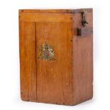 A LATE 19TH CENTURY HARDWOOD AMMUNITION BOX with brass mounts and a transfer printed coat of arms